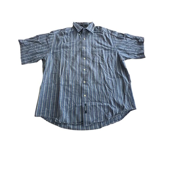 Dockers Mens Short Sleeve Striped Shirt M Blue Cotton/Linen Blend - Picture 1 of 7